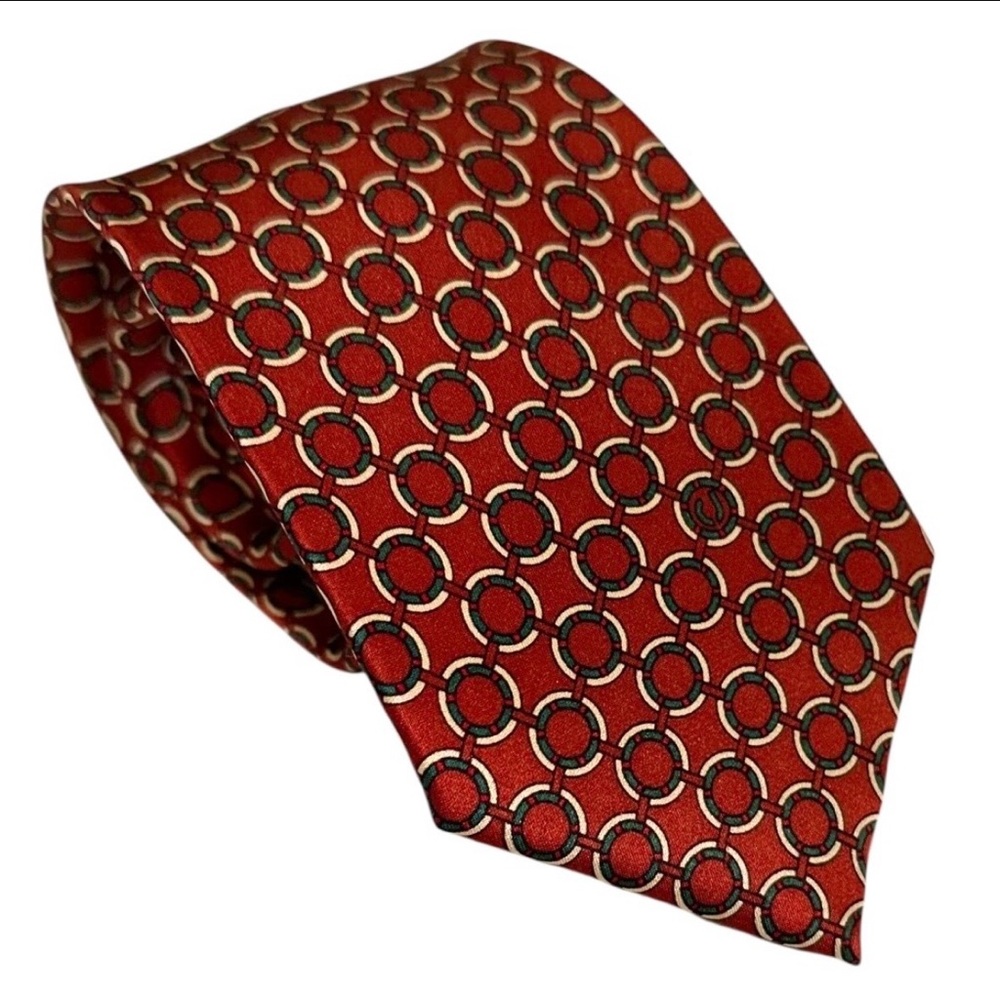 Vtg Charles Jourdan Monsieur Paris Mens Tie Silk Red Green Geometric 60x3.25”